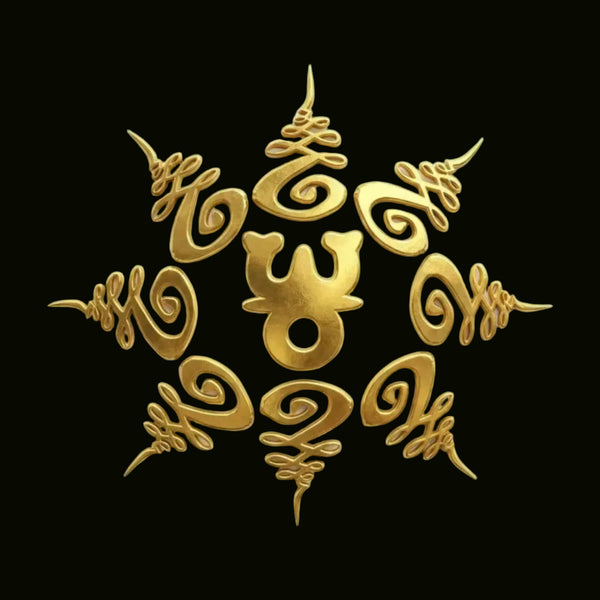 Gold yantra elements on a black background